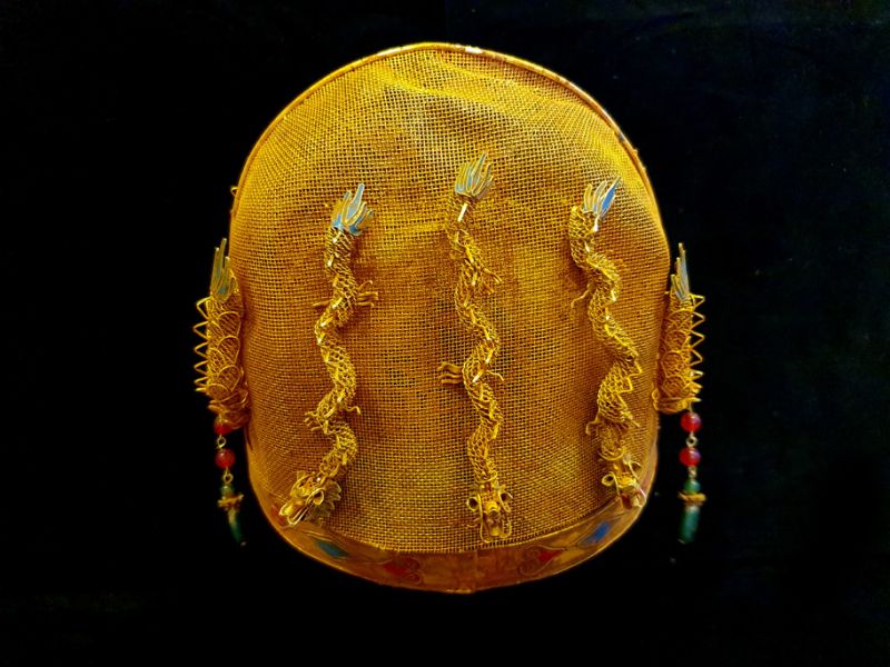 Antiguo Sombrero de teatro dorado - Emperador y Emperatriz - Dinastía Qing 3