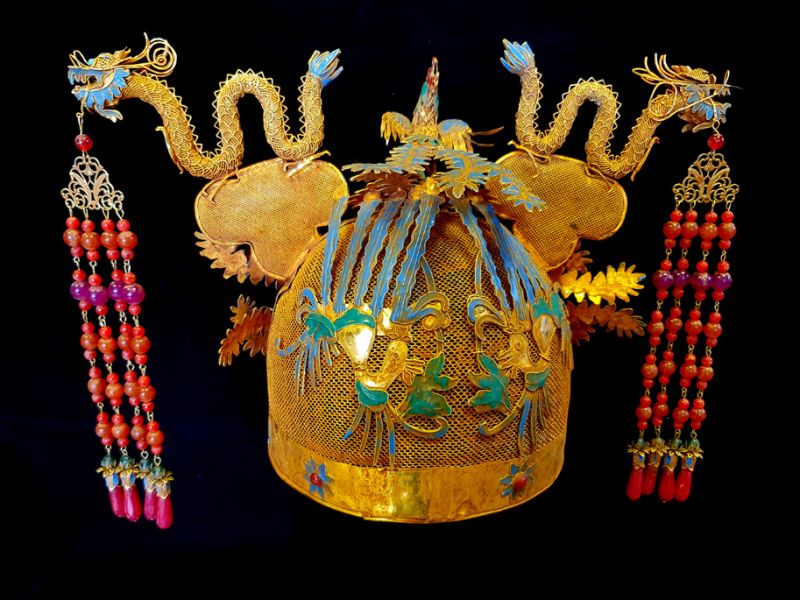 Antiguo Sombrero de teatro dorado - Emperador y Emperatriz - Doble Dragón - Corona Emperador 3