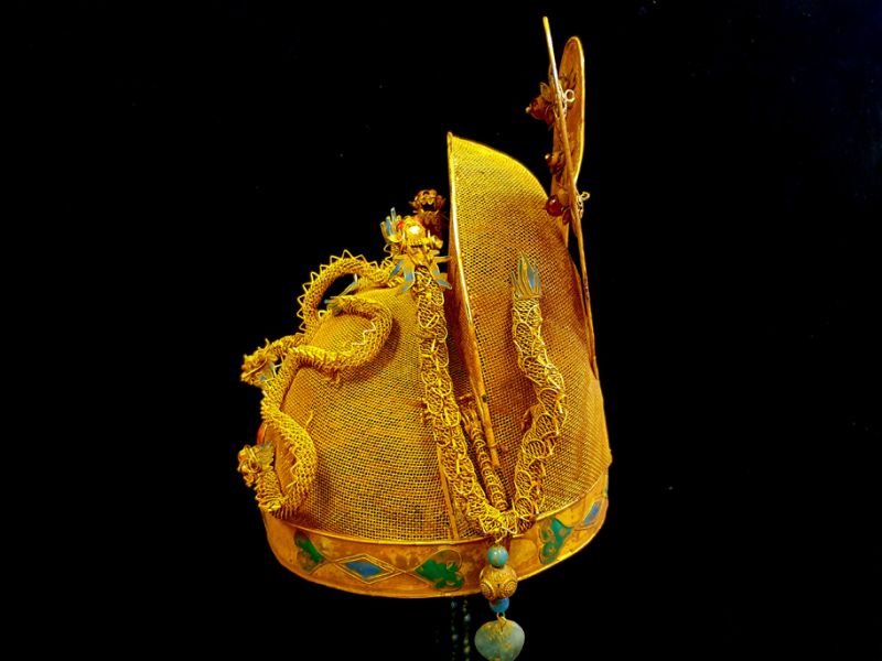 Antiguo Sombrero de teatro dorado - Emperador y Emperatriz - Doble Dragón - Esmeralda 3