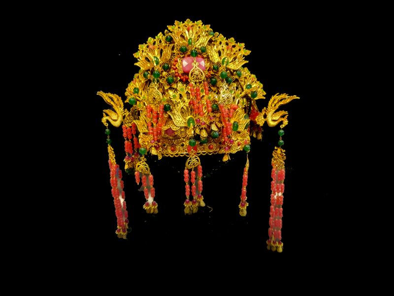 Antiguo Sombrero de teatro dorado - Emperador y Emperatriz - El fénix verde y rosa - Emperatriz 1