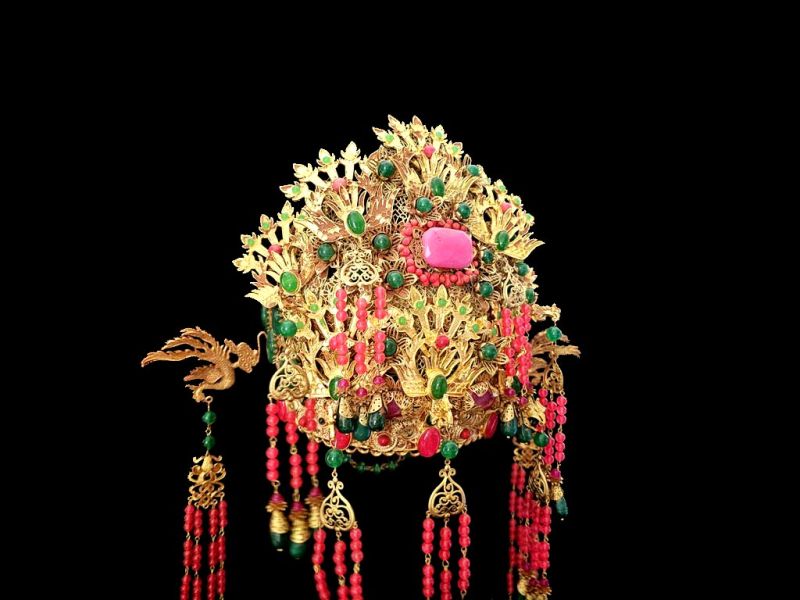 Antiguo Sombrero de teatro dorado - Emperador y Emperatriz - El fénix verde y rosa - Emperatriz 2