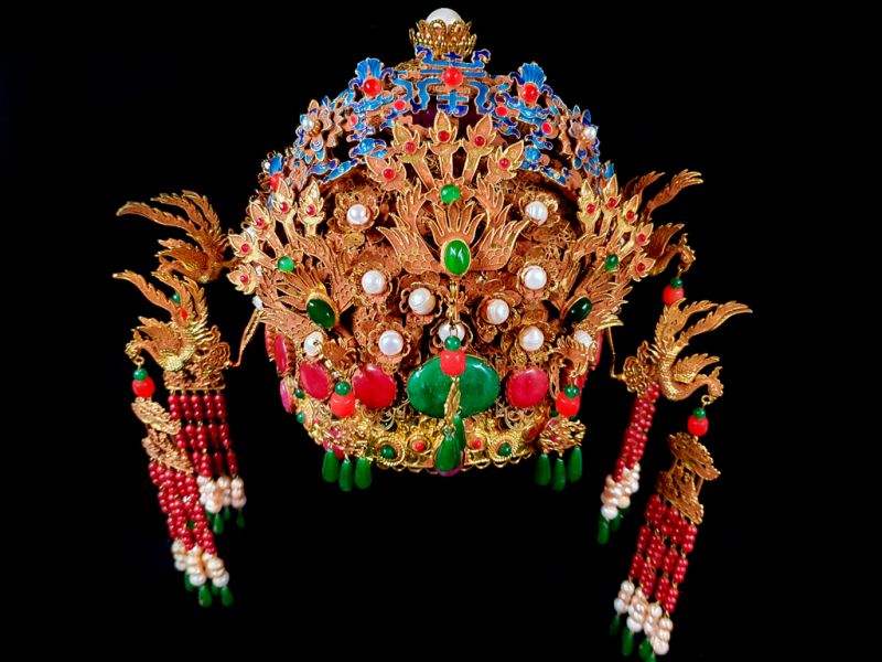 Antiguo Sombrero de teatro dorado - Emperador y Emperatriz - Fénix de fuego - Cloisonné + piedra semipreciosa 1