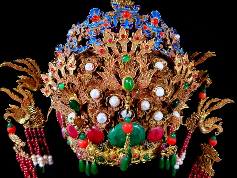 Antiguo Sombrero de teatro dorado - Emperador y Emperatriz - Fénix de fuego - Cloisonné + piedra semipreciosa 2