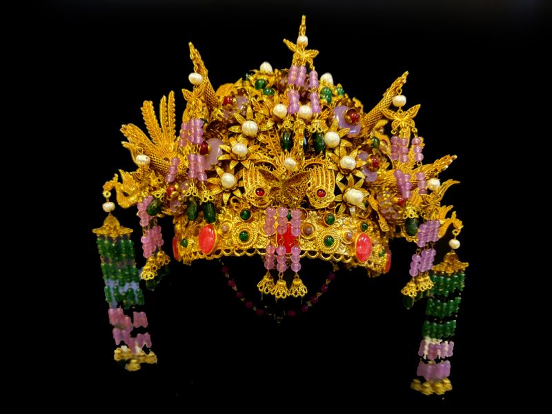 Antiguo Sombrero de teatro dorado - Emperador y Emperatriz - Fénix de fuego - Emperatriz Qing 1