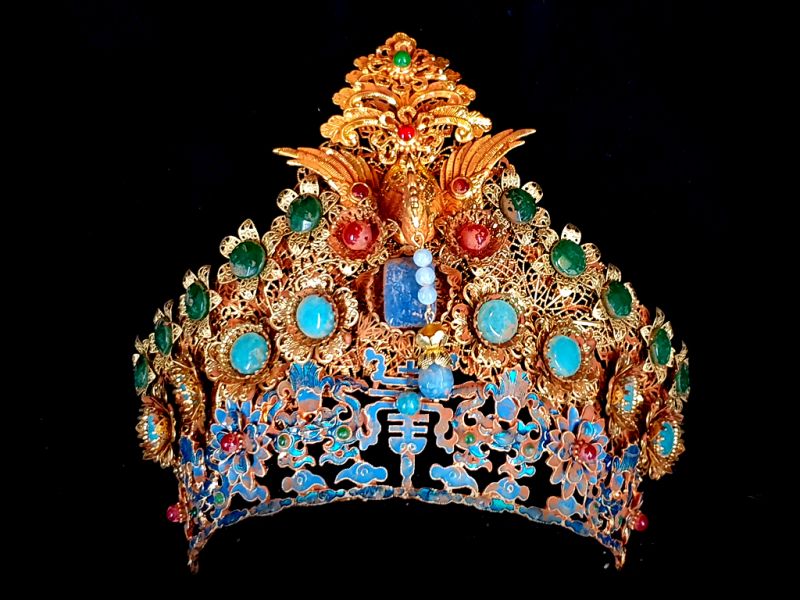 Antiguo tiara china de teatro dorado - Emperador y Emperatriz - Dinastia Qing 1