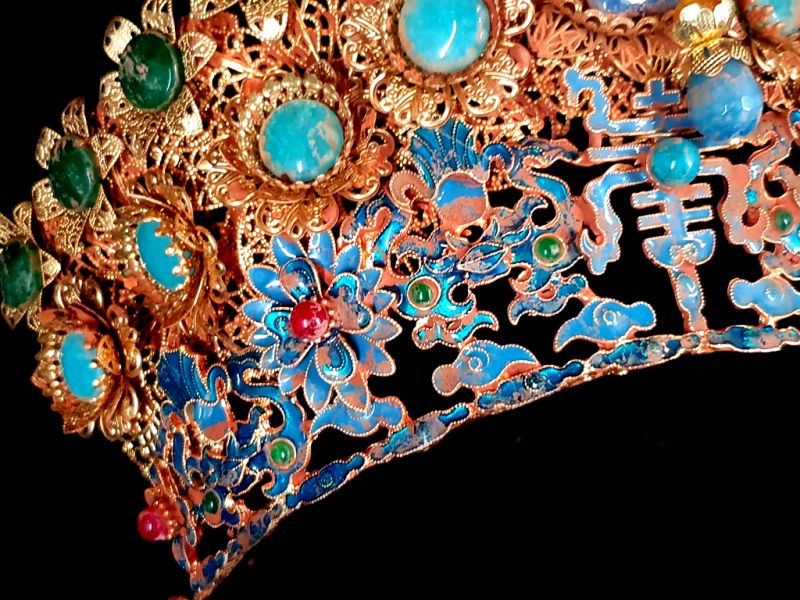 Antiguo tiara china de teatro dorado - Emperador y Emperatriz - Dinastia Qing 3