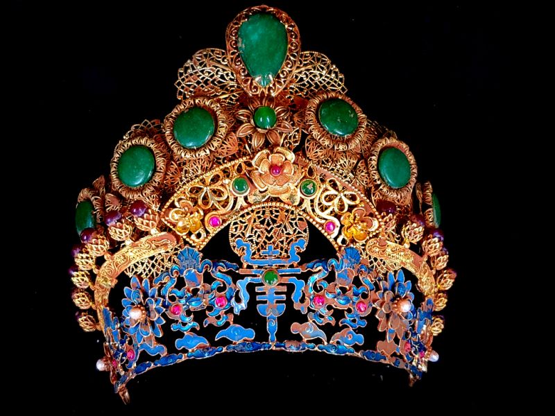 Antiguo tiara china de teatro dorado - Emperador y Emperatriz - Esmeralda y cloisonné 1