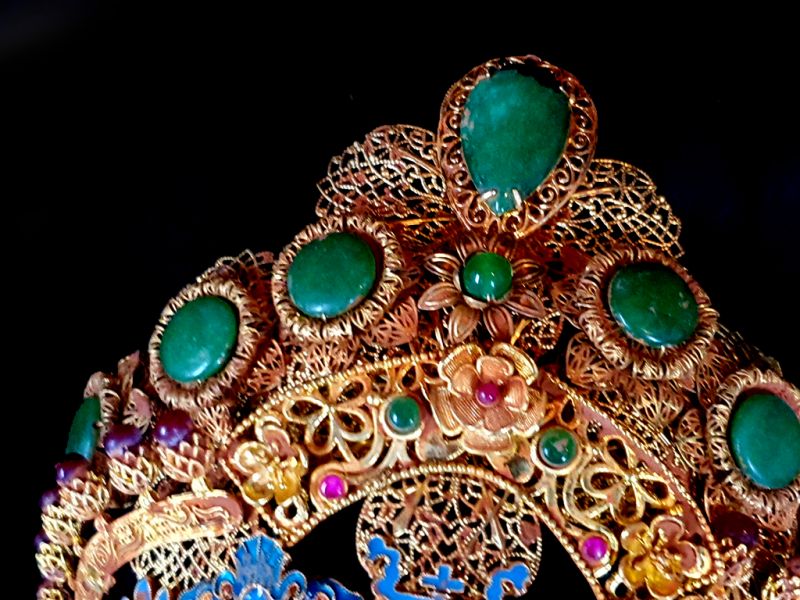 Antiguo tiara china de teatro dorado - Emperador y Emperatriz - Esmeralda y cloisonné 3
