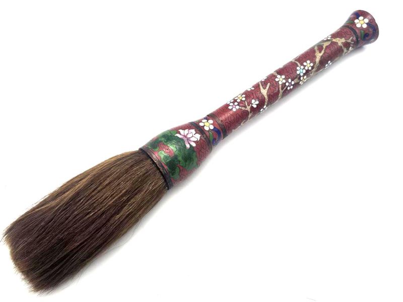 Antique Burgundy Cloisonné Brush Adorned with Delicate Cherry Blossoms 1