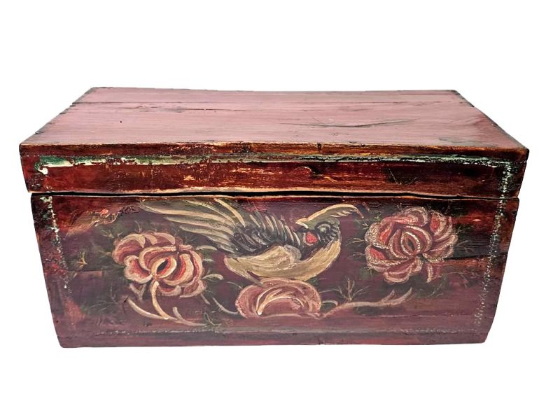 Antique Chinese red wooden chest painted with a paradise bird and chrysanthemums 1