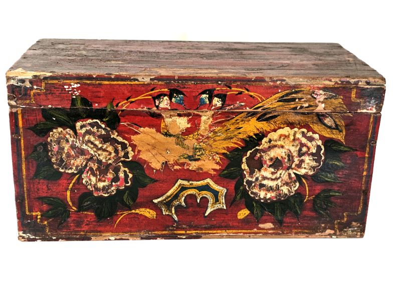 Antique Chinese Red Wooden Chest with Birds and Flowers Decor 1