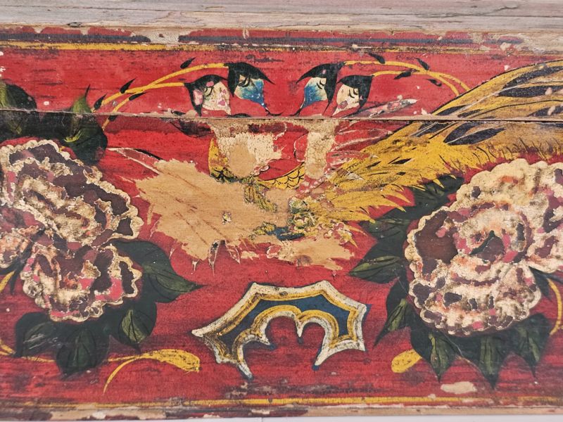 Antique Chinese Red Wooden Chest with Birds and Flowers Decor 2