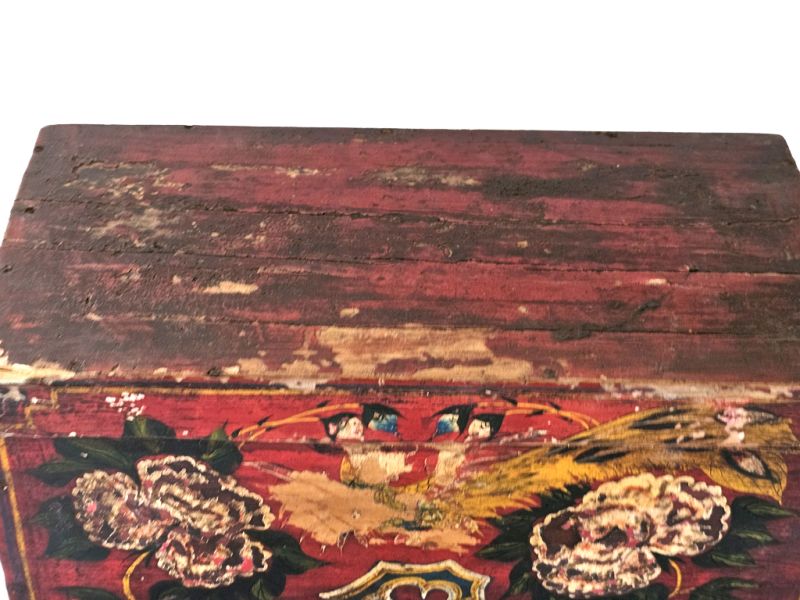 Antique Chinese Red Wooden Chest with Birds and Flowers Decor 3
