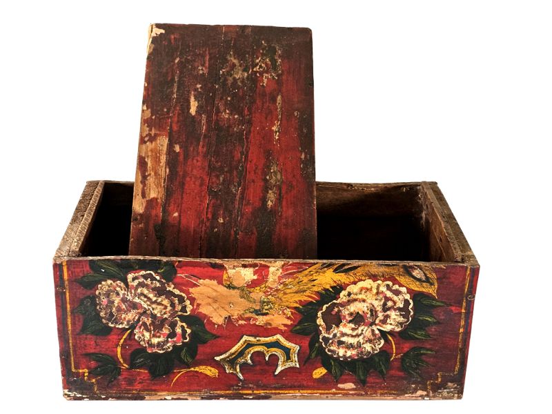 Antique Chinese Red Wooden Chest with Birds and Flowers Decor 4