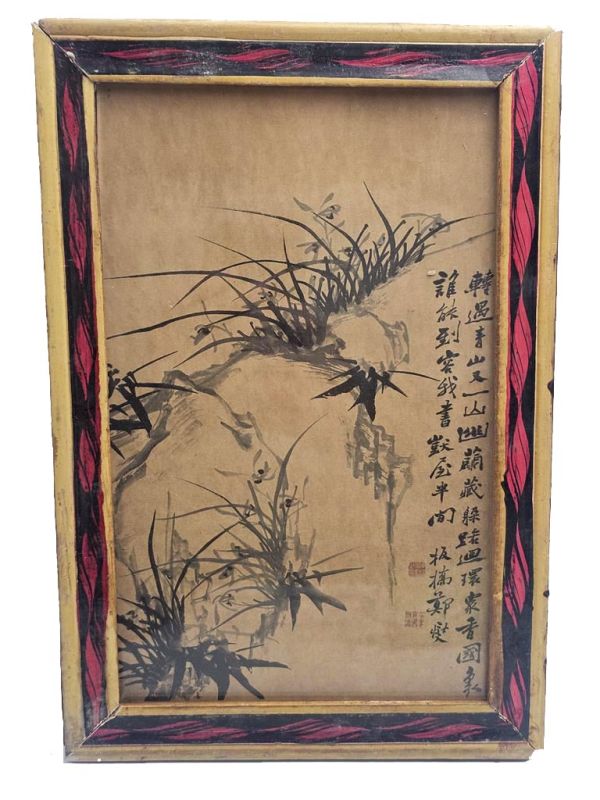 Antique Chinese Wooden Frame – Wild Orchids & Rock Study 1