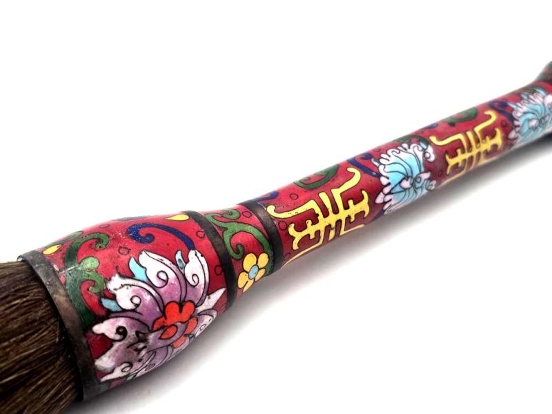 Antique Red Cloisonné Brush Adorned with Delicate Flowers and Golden Chinese Characters 2