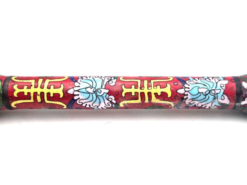 Antique Red Cloisonné Brush Adorned with Delicate Flowers and Golden Chinese Characters 3