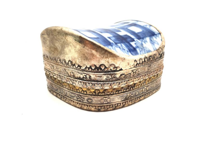 Asian Box Metal and Porcelain White and Blue 1 2