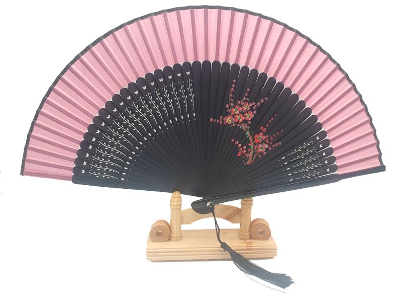 Asian Hand fan - Hand Painted - Cherry blossoms - Black and pink 1