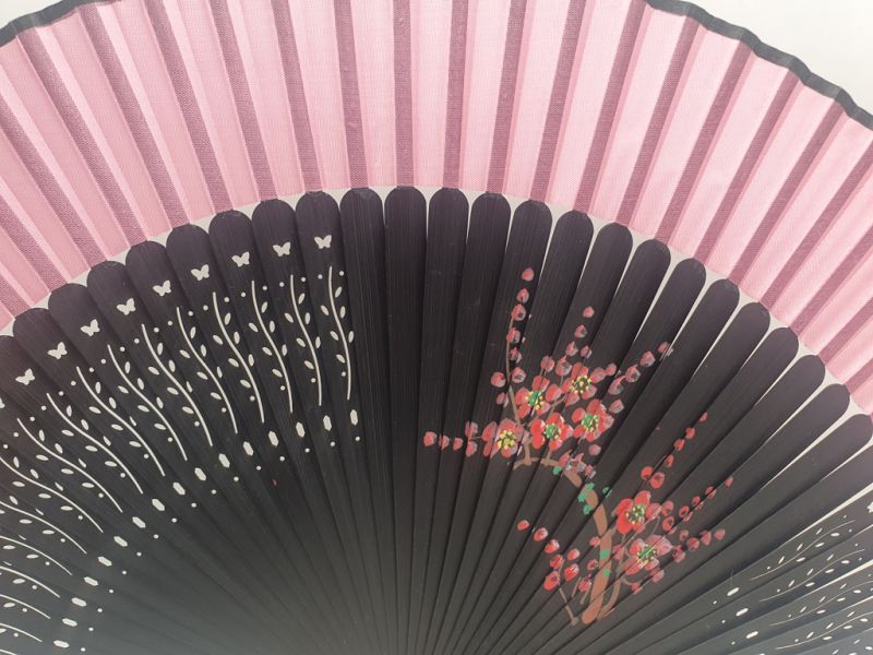 Asian Hand fan - Hand Painted - Cherry blossoms - Black and pink 2