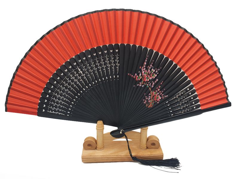 Asian Hand fan - Hand Painted - Cherry blossoms - Black and Red 1