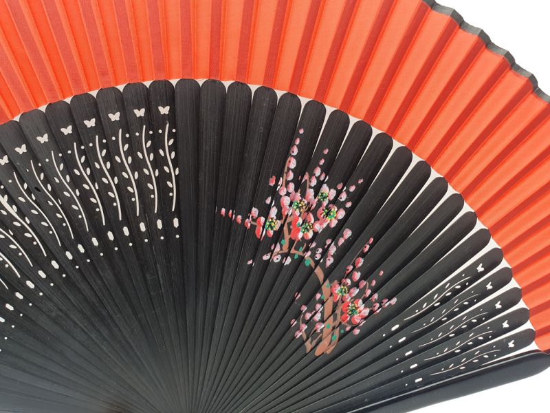 Asian Hand fan - Hand Painted - Cherry blossoms - Black and Red 2