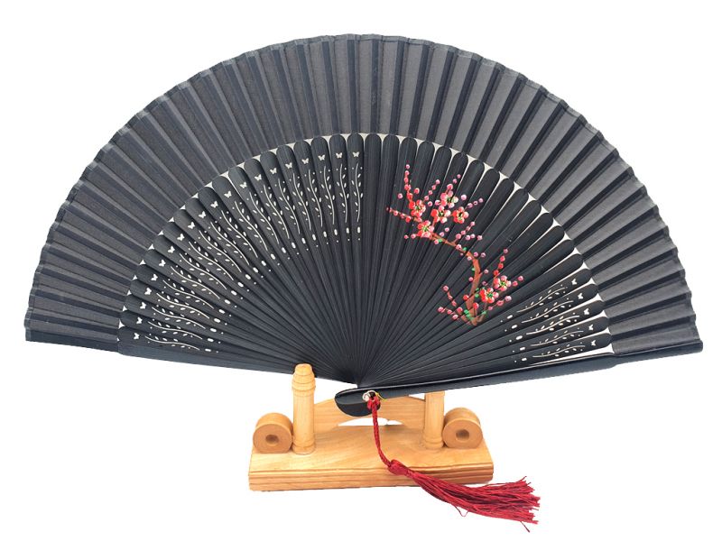 Asian Hand fan - Hand Painted - Cherry blossoms - Black 1
