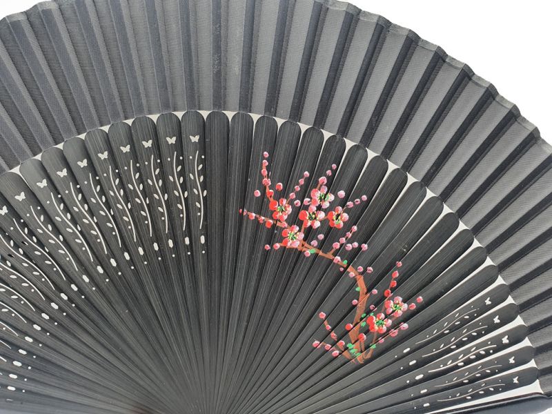Asian Hand fan - Hand Painted - Cherry blossoms - Black 2
