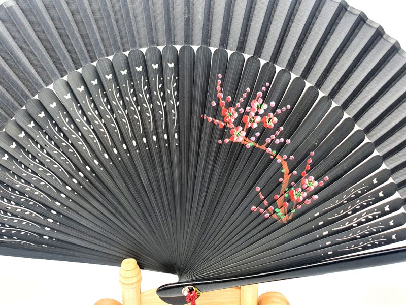 Asian Hand fan - Hand Painted - Cherry blossoms - Black 3
