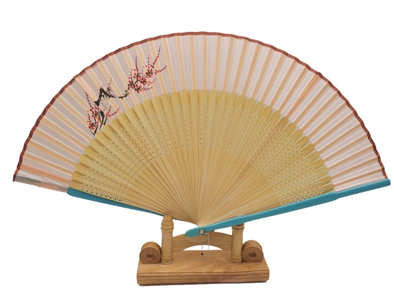 Asian Hand fan - Hand Painted - Cherry blossoms - Blue and pink 1