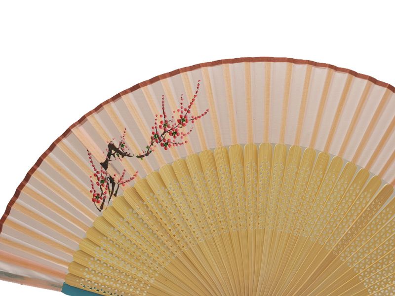 Asian Hand fan - Hand Painted - Cherry blossoms - Blue and pink 2