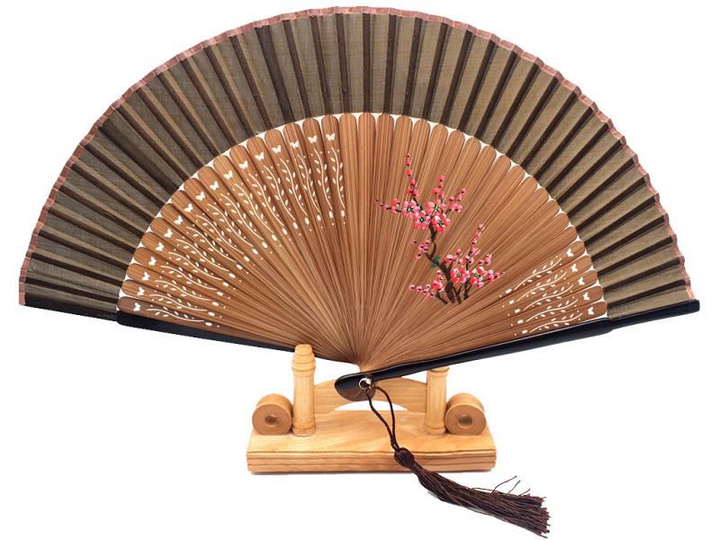 Asian Hand fan - Hand Painted - Cherry blossoms - Brown 1