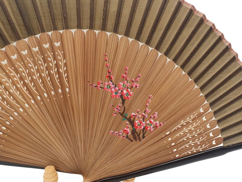 Asian Hand fan - Hand Painted - Cherry blossoms - Brown 2