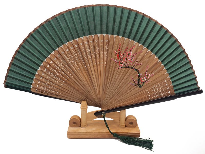 Asian Hand fan - Hand Painted - Cherry blossoms - Green 1