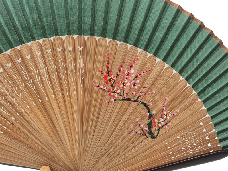 Asian Hand fan - Hand Painted - Cherry blossoms - Green 2