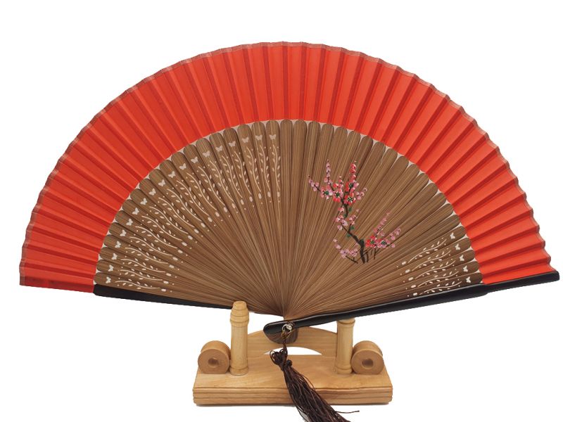 Asian Hand fan - Hand Painted - Cherry blossoms - Red and black 1