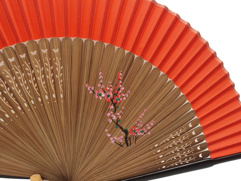 Asian Hand fan - Hand Painted - Cherry blossoms - Red and black 2