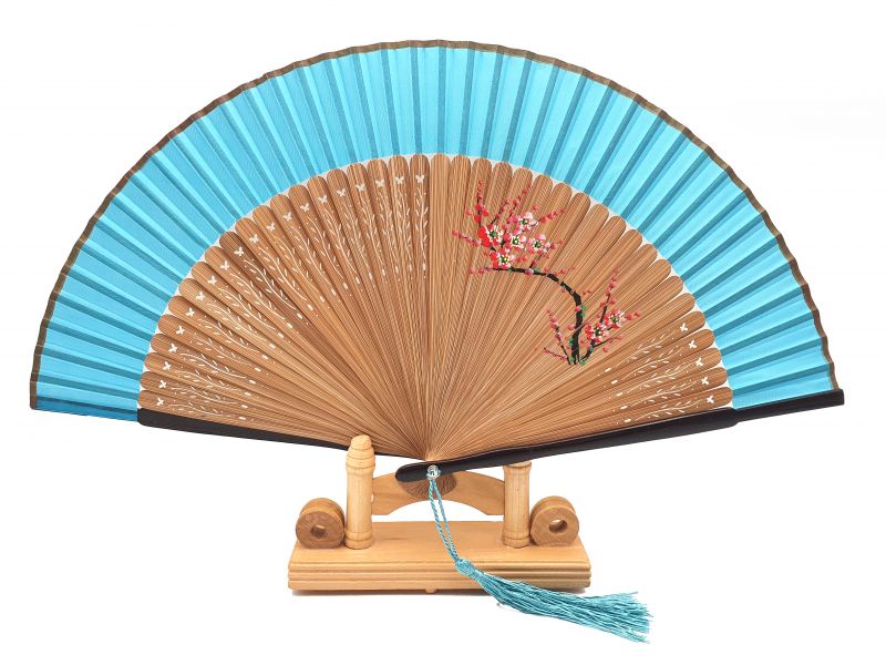 Asian Hand fan - Hand Painted - Cherry blossoms - Sky blue 1