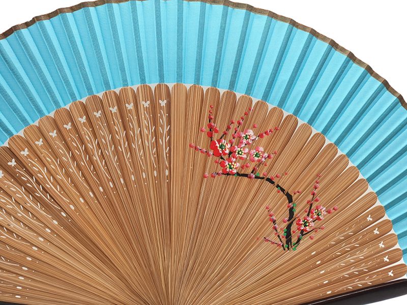 Asian Hand fan - Hand Painted - Cherry blossoms - Sky blue 2