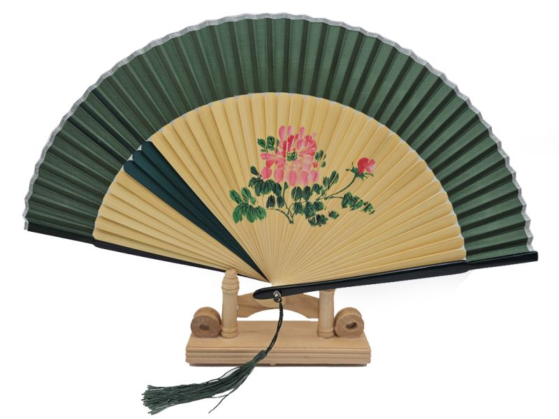 Haga clic en la imagen para ampliar Asiática Abanico - Pintado a mano - Flores - Verde 1