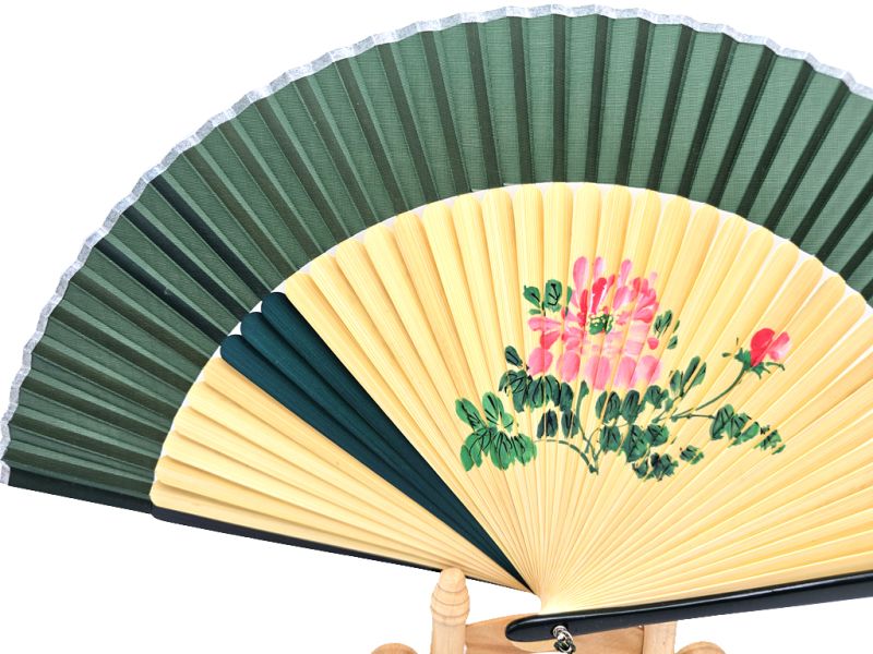 Haga clic en la imagen para ampliar Asiática Abanico - Pintado a mano - Flores - Verde 2