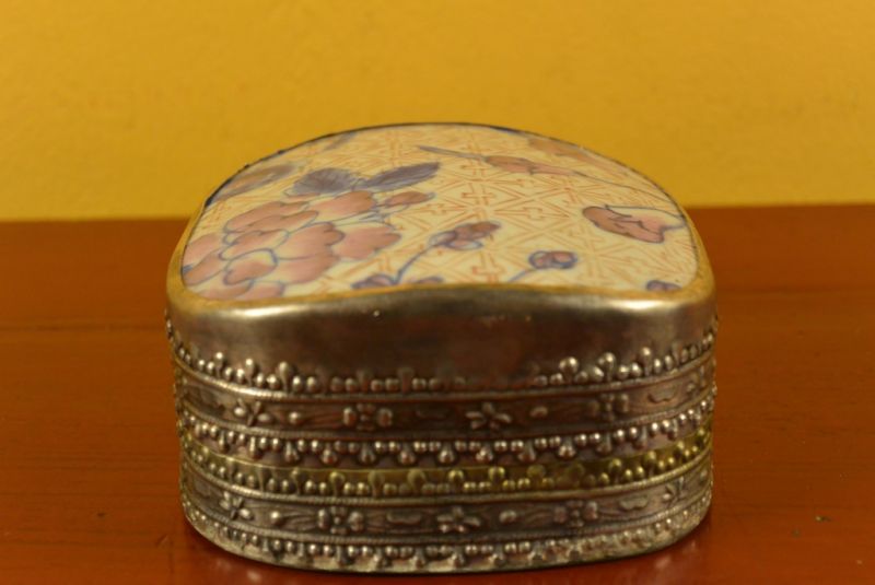 Asiatische Box Metall und Porzellan Rosafarbene Blumen 3