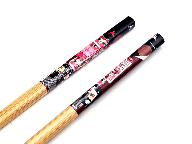 Cliquez sur la vignette pour agrandir et survolez la photo pour zoomer Baguettes Japonaises en Bambou Maneki-neko - Paire Décorée Traditionnelle - 23 cm 4
