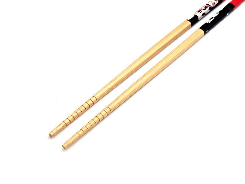 Cliquez sur la vignette pour agrandir et survolez la photo pour zoomer Baguettes Japonaises en Bambou Maneki-neko Rouge et Noir - Paire Porte-bonheur - 23 cm 5