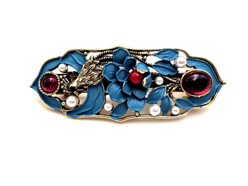 Barrette chinoise cloisonnée – Fleur bleue et oiseau porte-bonheur