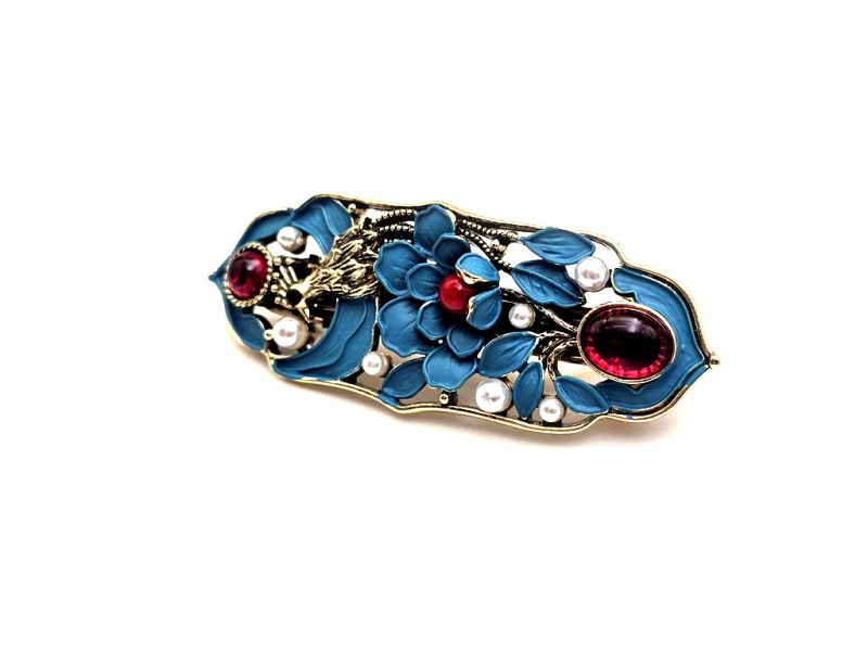 Cliquez sur la vignette pour agrandir et survolez la photo pour zoomer Barrette chinoise cloisonnée – Fleur bleue et oiseau porte-bonheur 2