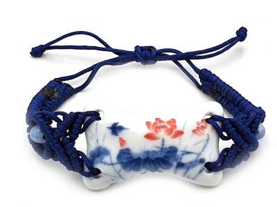 Bijoux Céramique - Collection Blanc Bleu - Bracelet - Chine - Fleurs de lotus rouge