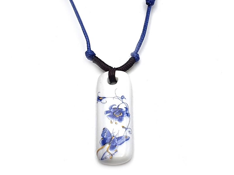 Bijoux Céramique - Collection Blanc Bleu - Collier - Chine - Fleur et papillon