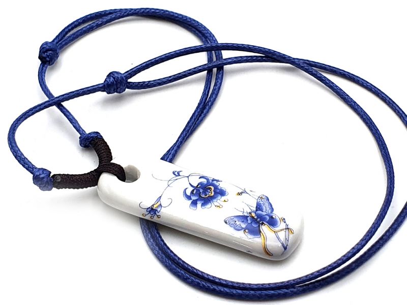 Bijoux Céramique - Collection Blanc Bleu - Collier - Chine - Fleur et papillon 4