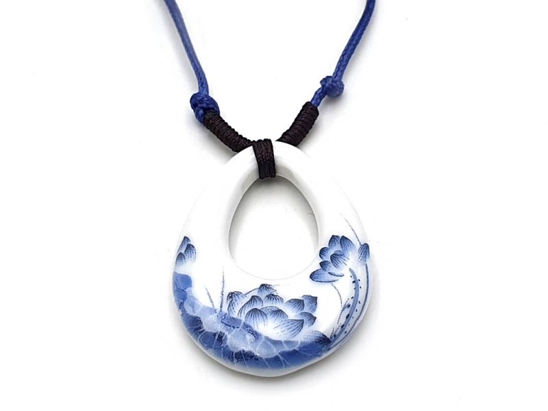 Bijoux Céramique - Collection Blanc Bleu - Collier - Chine - Fleurs de lotus